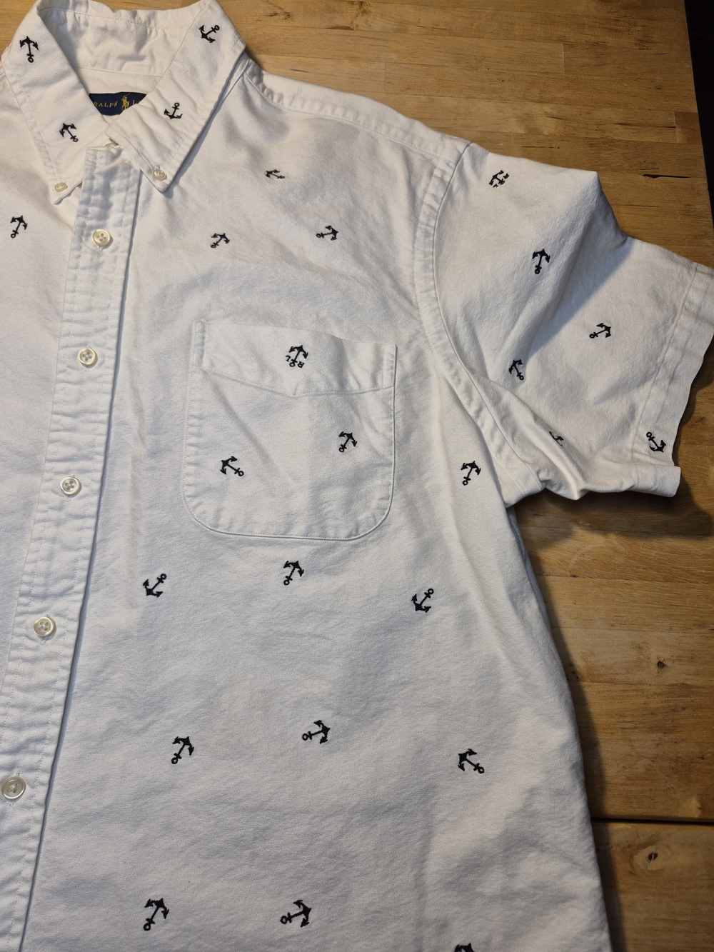 Polo by Ralph Lauren White Short-Sleeve Button-Down with Navy Anchor Embroidery